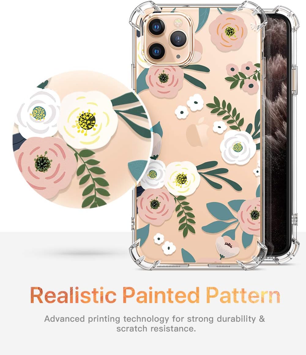 GVIEWIN Compatible with iPhone 11 Pro Case,Clear Flower Design Soft & Flexible TPU Ultra-Thin Shockproof Transparent Bumper Protective Cover,Case for iPhone 11 Pro 5.8 Inch 2019 (Fresh Touch/Cyan)