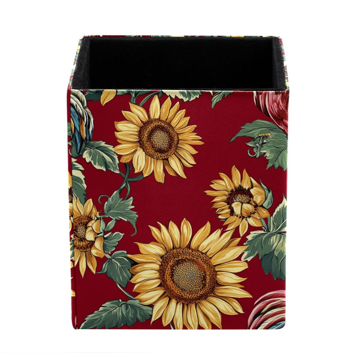HEOEH Sunflowers Rooster Pen Holder Pen Pot, Square Pencil Cup for Desk