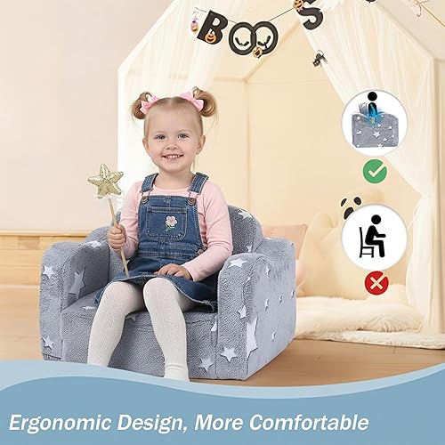 Miniatura 3 de MeMoreCool Kids Glow Star Sofa Chair – 2-in-1 Foldable Toddler Lounger, Gray | Convertible Couch for Playroom or Nursery | Soft Foam Seat |