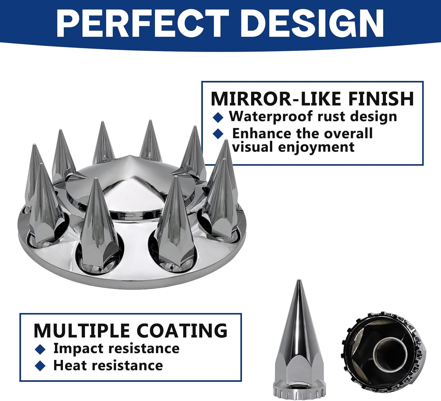 Spiked Complete Axle Wheel Cover Set with 33mm Thread-on Chrome Lug Nut Covers (2 Front+4 Rear)