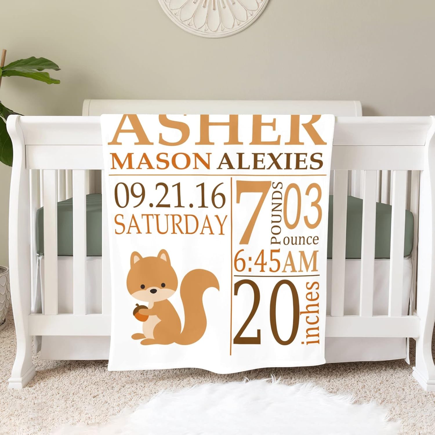 Cute Squirrel Birth Information Personalized Receiving Baby Blankets for Girls Boys Kids with Name,Customized Swaddle Blankets Gift for Newborn Crib Infants 30x40 Inches