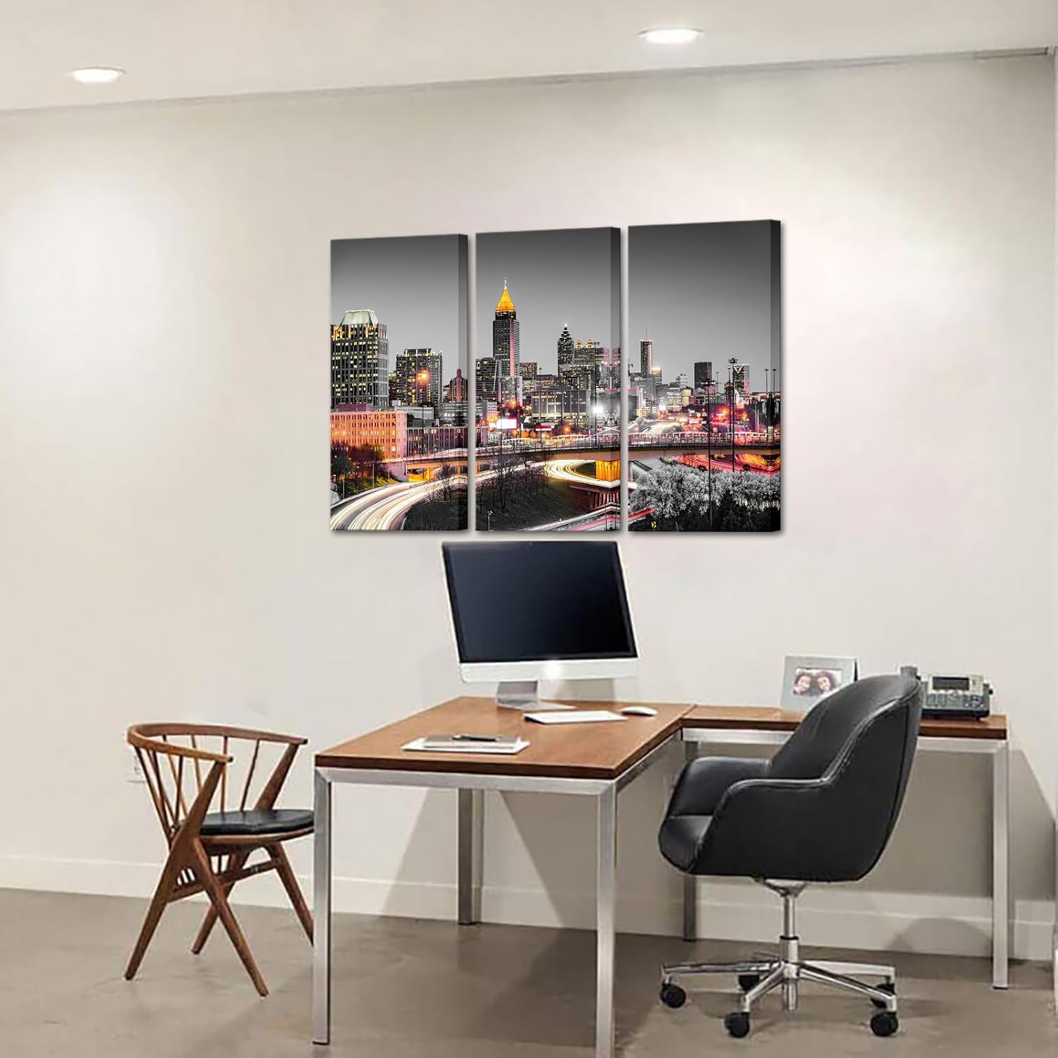 OuElegent City Night Canvas Wall Art Atlanta Skyline Landscape Pictures Prints Artwork for Living Room Bedroom Framed Ready to Hang