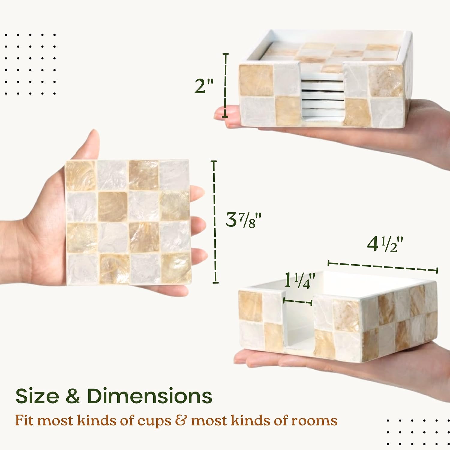 CHI AN HOME 4" Capiz Shell Coasters Set of 6, Checkered Desk Coaster, Modern Decorative Farmhouse Coasters for Coffee Table Decor, Table Top Decor (Ivory)