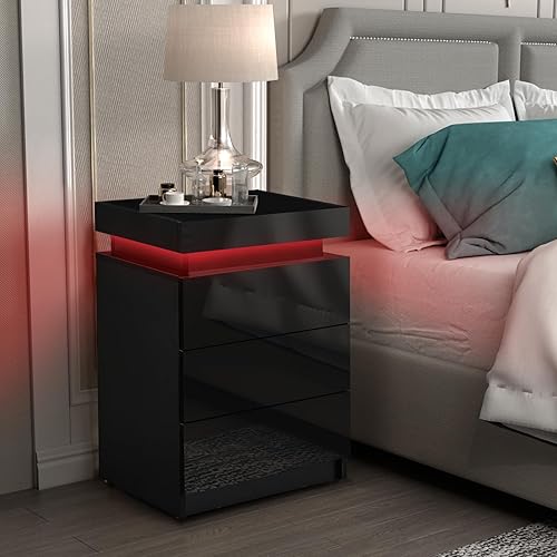 Miniatura 10 de TUKAILAi Juego de 2 mesitas de noche modernas con luz LED, 3 cajones de alto brillo, mesita de noche para dormitorio, sala de estar (negro)