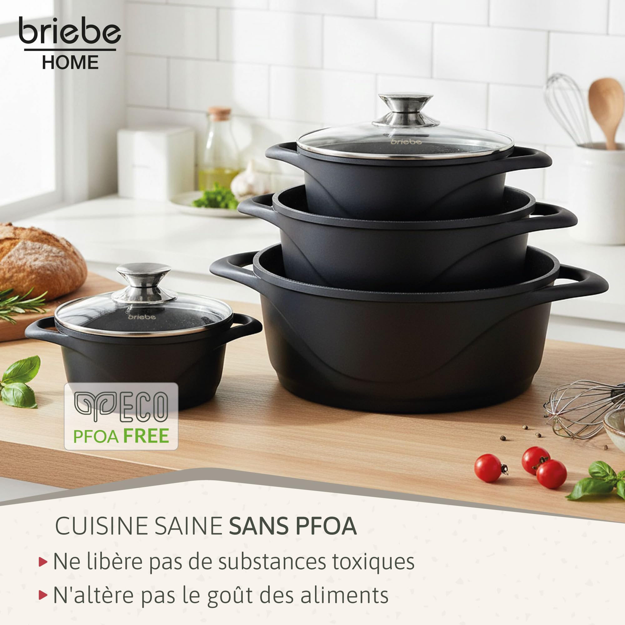 briebe Batterie de Cuisine Induction 8 Pièces, Ensemble de 4 Casseroles en Fonte d'Aluminium, Antiadhésive ILAG GRANITEC sans PFOA, Couvercles en Verre, Gants en Silicone, Tout Feux et Four, MGK-12