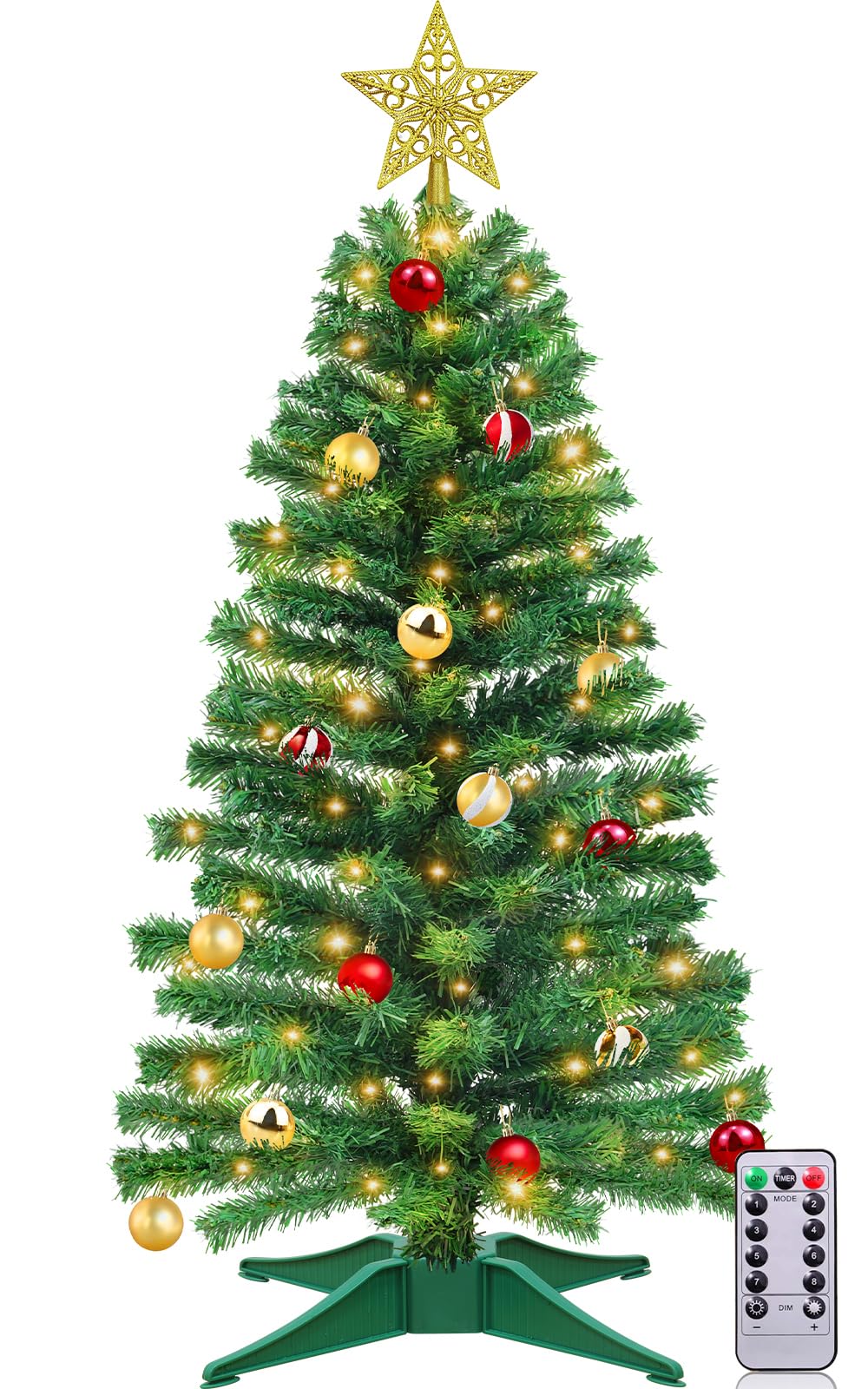 [Control remoto y 8 modos] Árbol de Navidad de 3 pies con temporizador, 50 luces cálidas, 15 adornos de bolas de bricolaje, estrella 3D, funciona con pilas, árbol completo, decoración de Navidad,