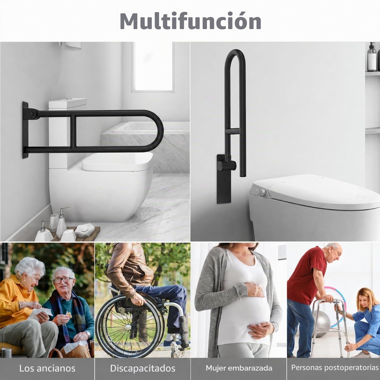 Barra Minusválidos Baño Negra, Agarraderas para Mayores | Asa de Seguridad para Inodoro Plegable, Acero Inoxidable, Capacidad 350kg