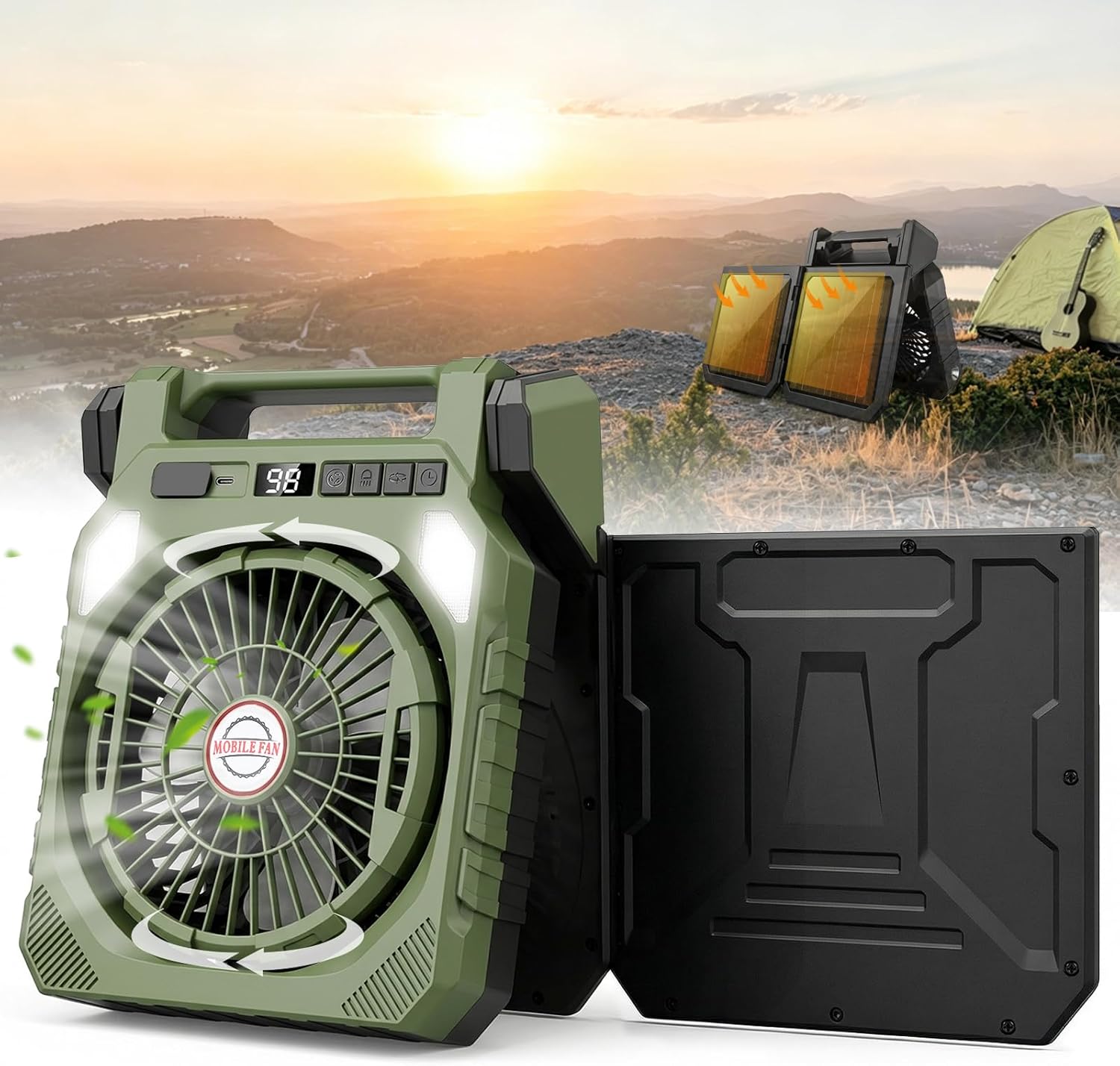 22000mAh Camping fan with Dual Solar Panel, 10" Rechargeable Solar Powered Fans with LED Light and Arc Flashlight for Outside, 180° Swivel Oscillating Battery Operated Tent Cooler for Picnic, Fishing