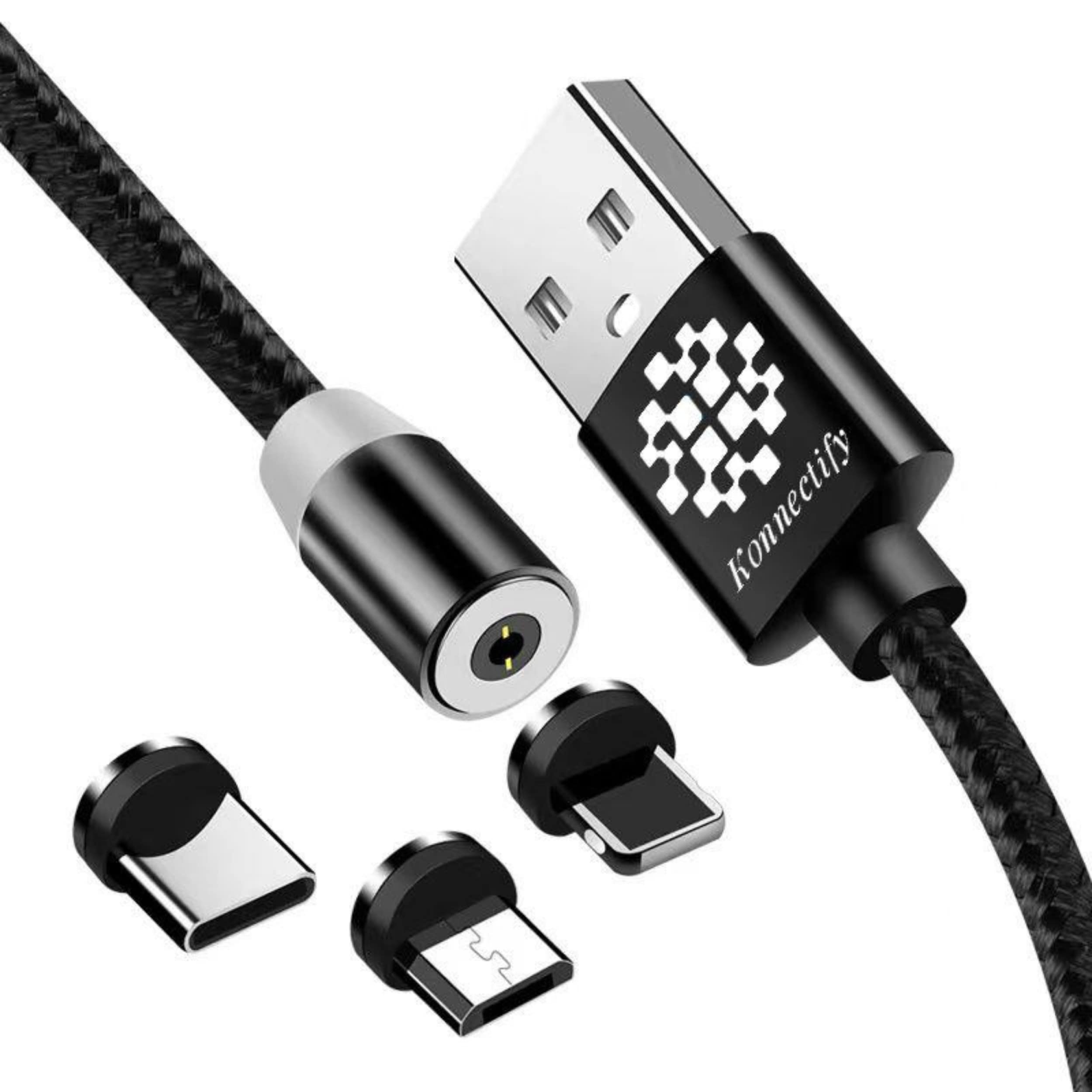 Konnectify Magnetic Charging Cable Braided 3A Charging 3in1 Cable 360° Rotatable for Apple Android Phones Tablets & More with 1 Year Warranty (Black, 1) (B0CMJZ9SJF) Amazon Price History, Amazon Price Tracker