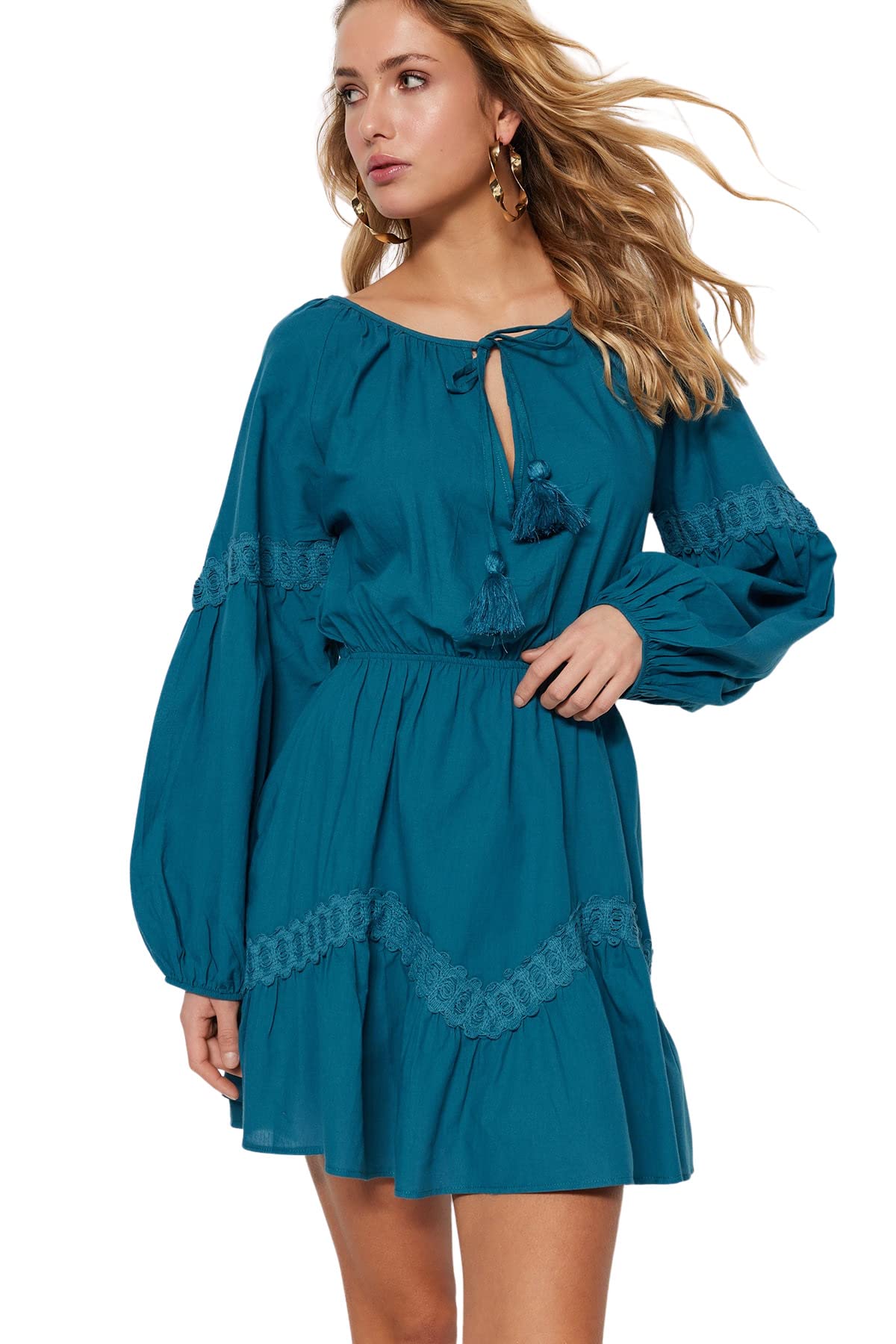 Trendyol Women's Blue Feman Beachwear Mini Ruffle Hem Regular Fit Woven Dress