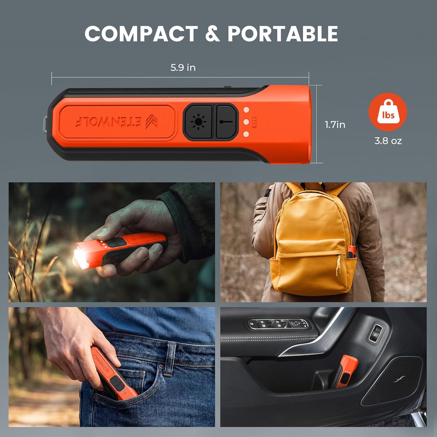 ETENWOLF L2 Rechargeable Flashlight USB-C,6 Light Modes,Flat Flashlight with Red Beam,Super Bright LED Flash Light,Lightweight Handheld Flashlight for Home Camping Emergency Gift(Vivid Orange)