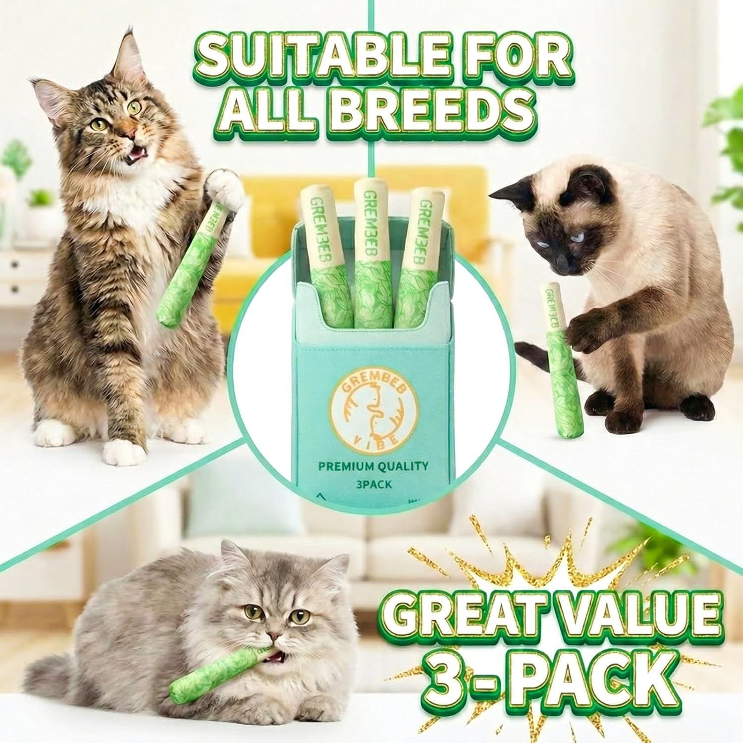 Catnip Toys 3 Pack Organic Cigarette Shape Kicker for Indoor Cats | Soft plush cat kicker sticks with organic catnip. Kitten teething, interactive play, stress relief for indoor cats
