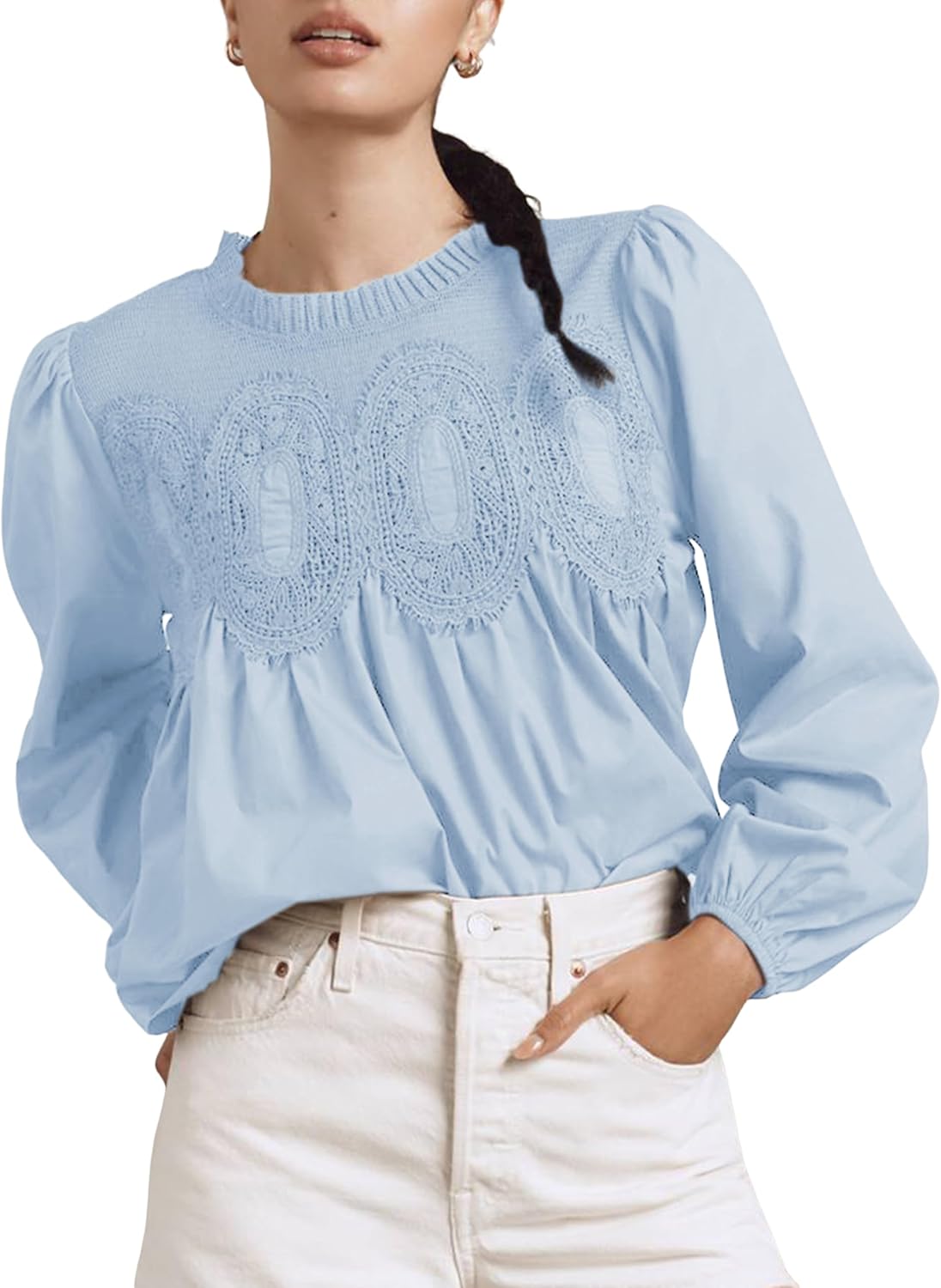 Lentta Women's Lace-Detail Flared Blouse Long Sleeve Crew Neck Poplin Mesh Swing Babydoll Tops Elegant Loose Shirts