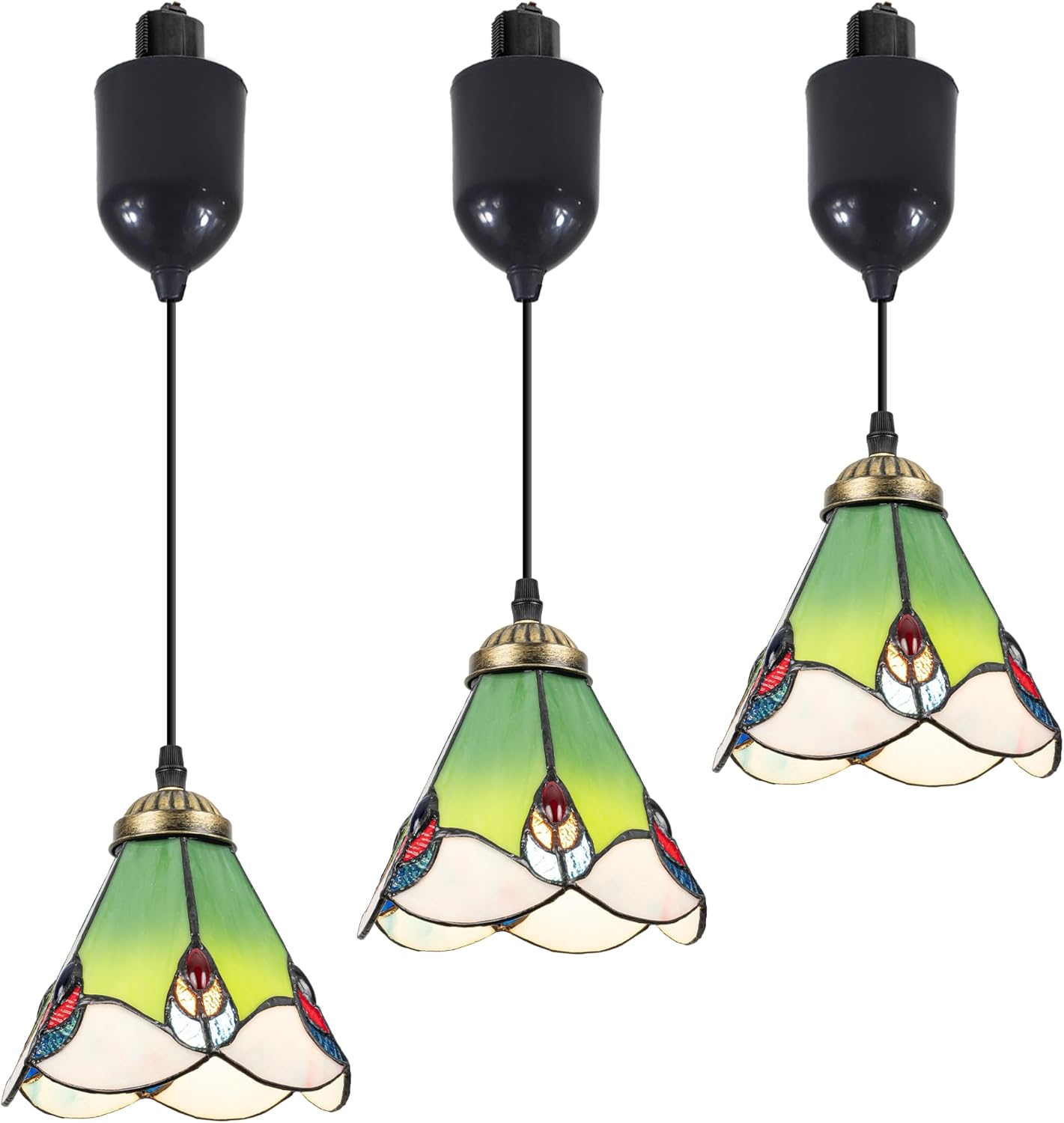 Mini Adjustable Cord Length Halo Track Lighting Pendants, 4 Ft Cord, H-Type Track Green Lily Flower Stained Art Glass, E26 Socket Track Mount for Kitchen Island Sloped Vaulted Ceiling