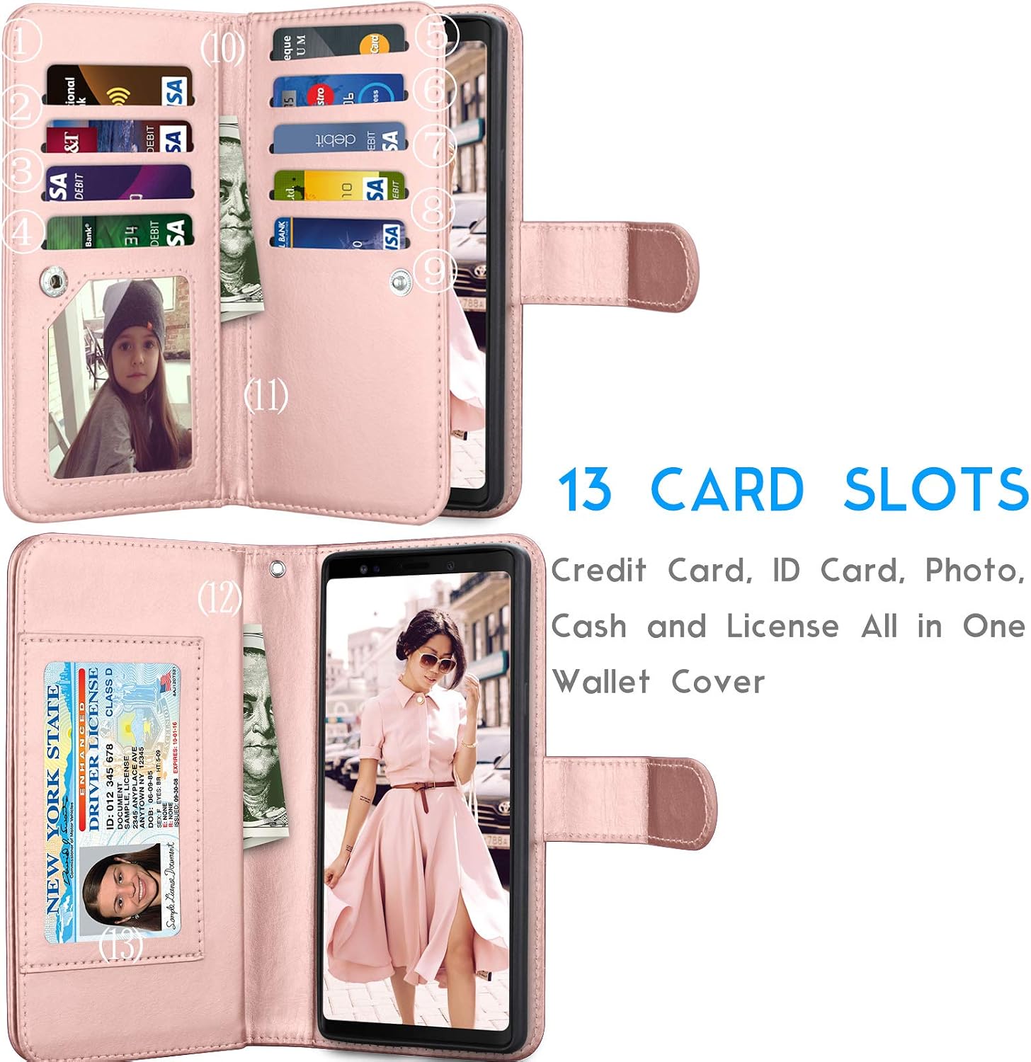 Tekcoo for Galaxy Note 9 Case, for Note 9 Wallet Case, PU Leather ID Cash Credit Card Slots Holder Carrying Folio Flip Cover [Detachable Magnetic Hard Case] & Kickstand for Samsung Note9 - Rose Gold