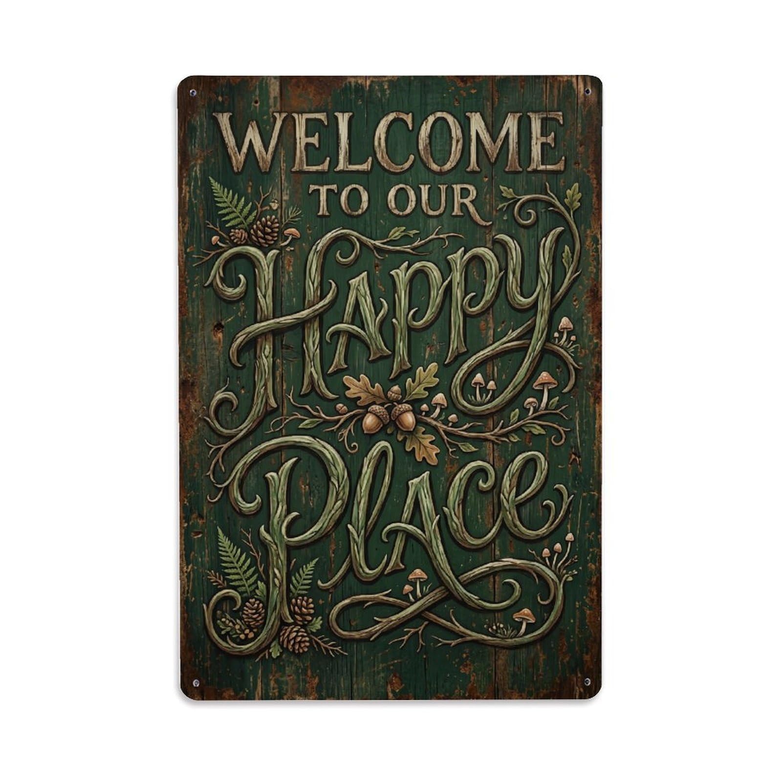 Welcome To Our Happy Place Woodland Cabin Metal Tin Sign Plaque Wall Decor for Cafe, Club Bar, Office, Home Garden Metal Poster 8x12Inch