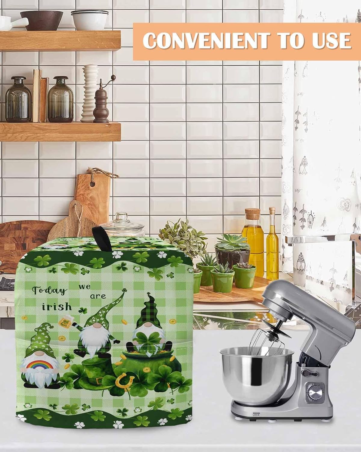 St. Patrick's Day Stand Mixer Cover with Storage Pocket, Waterproof Kitchen Mixer Covers, Green Gnomes Shamrock Gold Coin Kitchen Appliance Dust Cover Compatible with 5-8 Quart Mixers