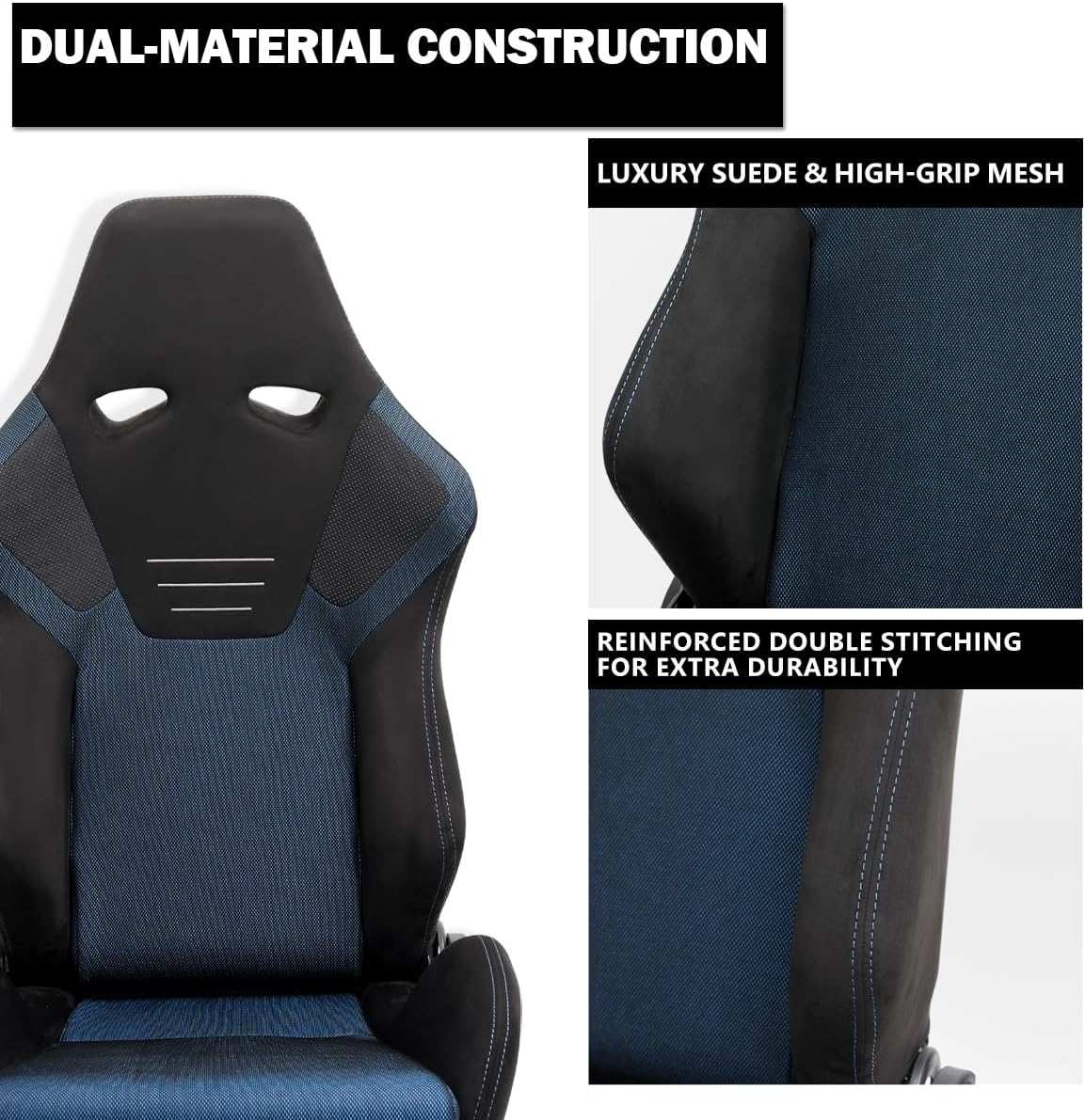 Spec-D Tuning Black Premium Suede, Blue Mesh Fabric, Fully Reclinable Racing Seats w/Dual Sliders, 4 Point Harness Compatible, Left + Right Pair 2 Seats