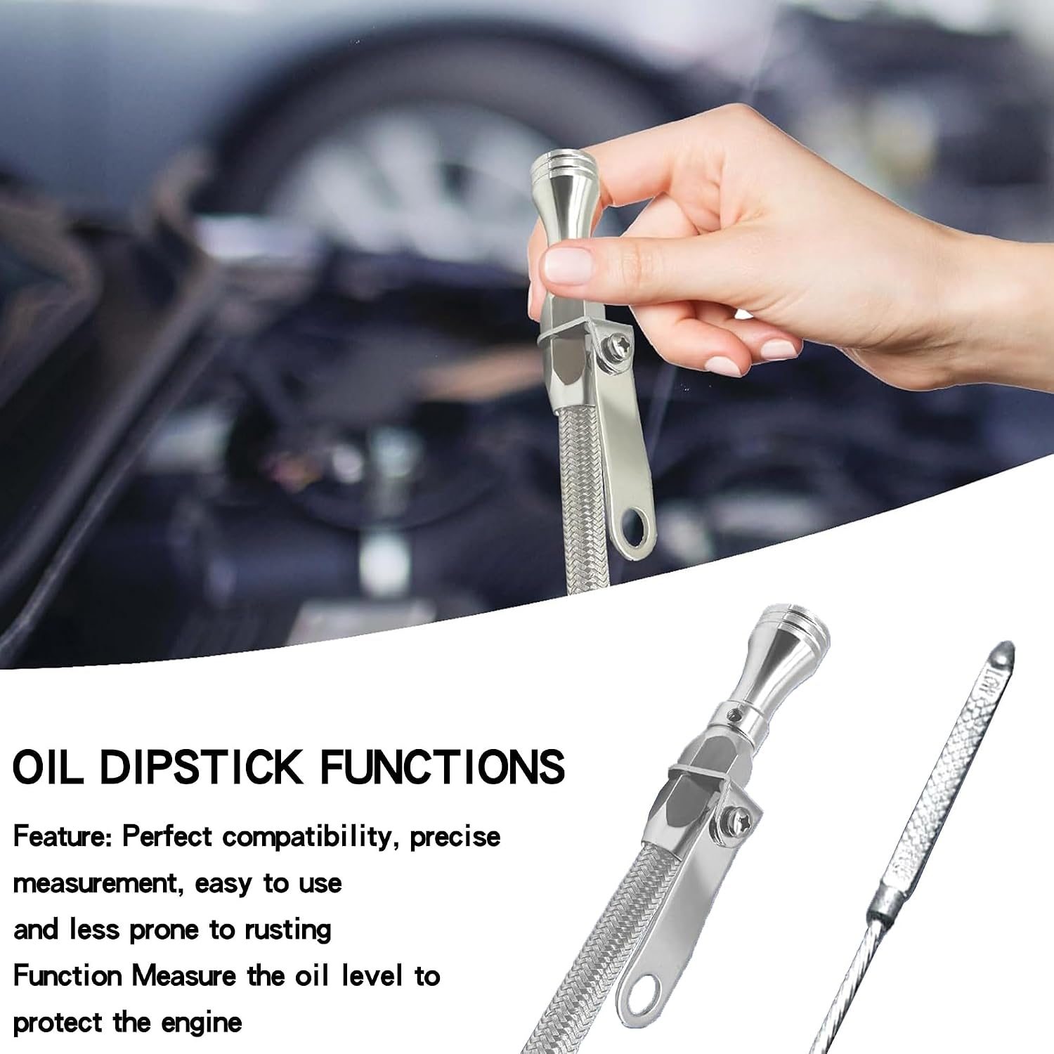 1/4 NPT (20IN) Universal Engine Oil Dipstick - Flexible Stainless Steel, Compatible with Chevy/Ford Models (Silver)