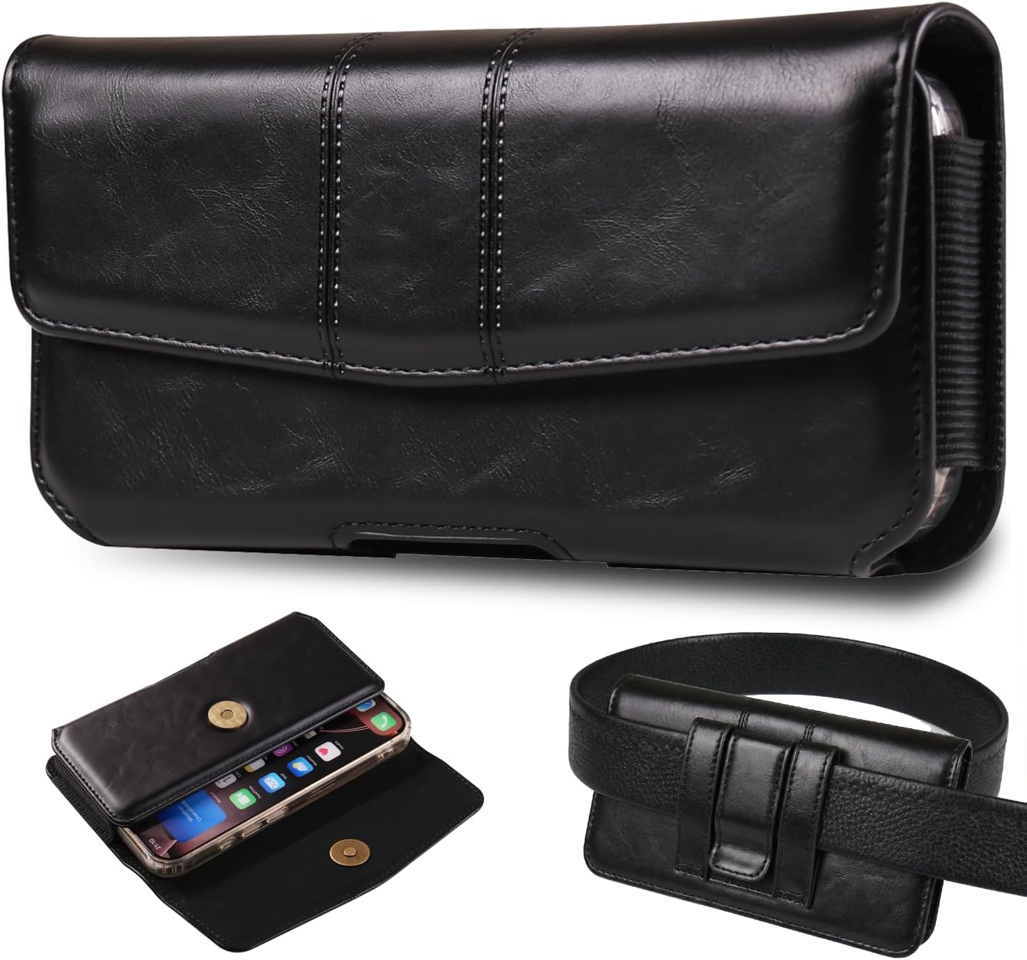 Phone Holster Compatible with iPhone 16 15 14 13 12 and Pro, Galaxy S25 S24 S23 S22 S21 S20, Leather Phone Pouch with Metal Belt Clip, M-Black