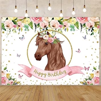 Pink Girl Horse Birthday Party Backdrop Pink Floral Butterfly Cowgirl Western Horse Photography Background Cowgirl Birthday Backdrop Girl Wildflower Birthday Party Cake Table Banner,7x5feet