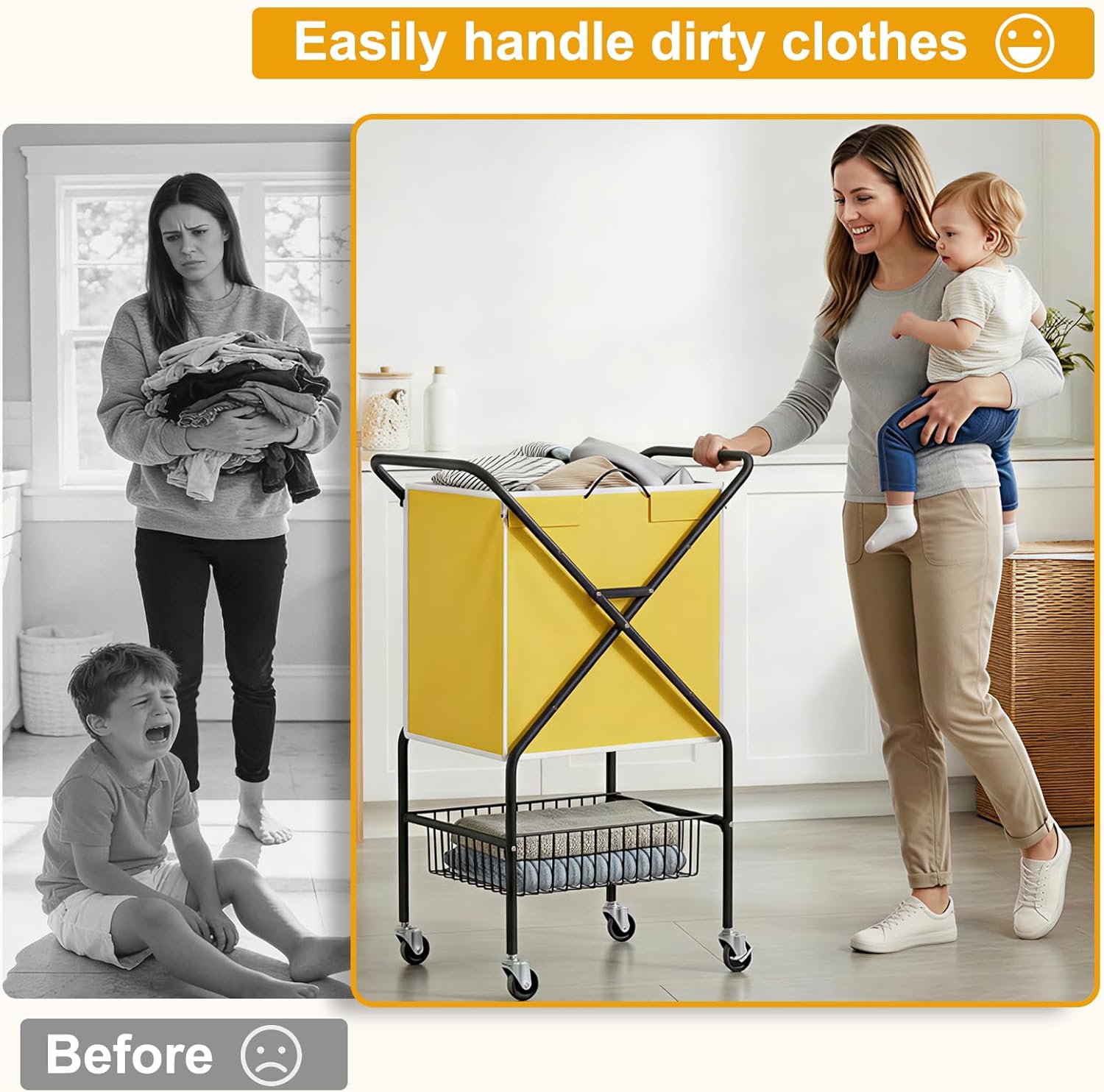 Convenient Laundry Basket with Wheels,36" High Easy Rolling Laundry Cart with Wheels,Heavy Duty Dirty Clothes Laundry Hamper with Handles Removable Bag for Seniors,Folding Metal Frame/Yellow/98L