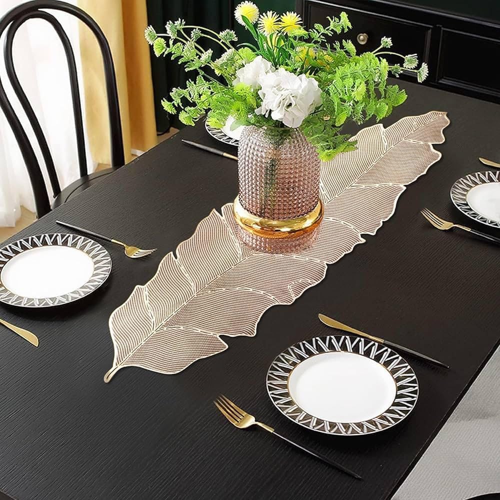 Dining Table Runner | Table Mat | Soft Leather Golden Shade Leaf Design Trending Table Runner for Centre Table Heat Resistent mat (Gold Banana Leaf) (B0D77W9GW9) Amazon Price History, Amazon Price Tracker
