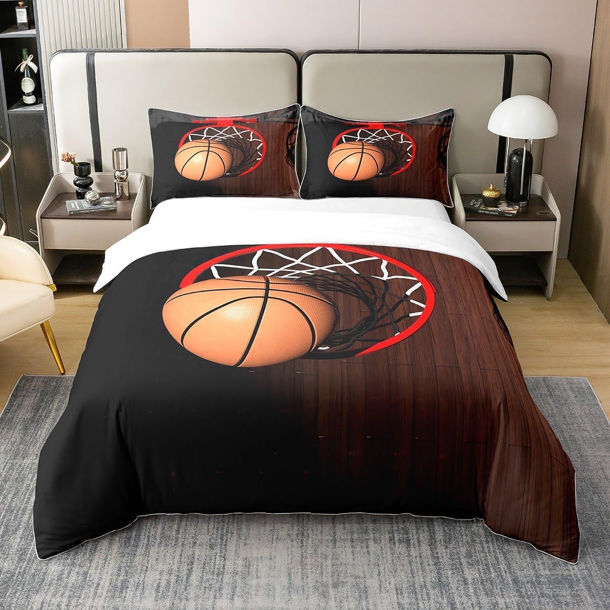 Super King zestaw poszewek na kołdrę obręcz do koszykówki miękka mikrofibra zestaw pościeli z nadrukiem 3D sportowy styl poszewka na kołdrę 260 x 220 cm z zamkiem błyskawicznym z 2 poszewkami na