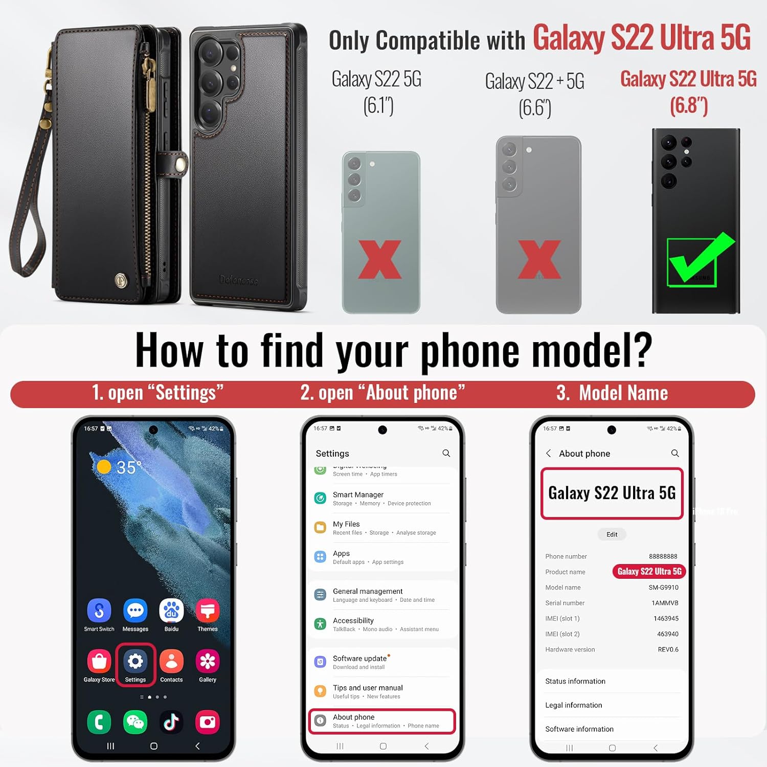 Defencase for Samsung Galaxy S22 Ultra Magnetic Wallet Case Compatible with Magsafe with RFID Blocking Zipper & Card Holder Women, PU Leather Detachable Phone Case for Galaxy S22 Ultra 6.8", Black