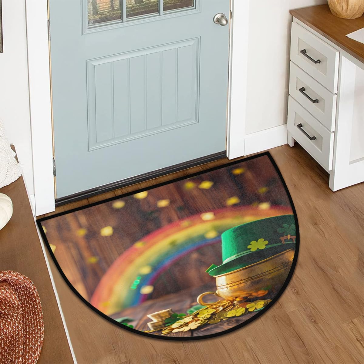 Front Door Mat Indoor Outdoor Entrance, St. Patrick's Day Clover Wood Half Round Door Mat Absorbent Non-Slip Backing Welcome Doormat Entryway Floor Mats for Kitchen Fireplace 36" x 24"