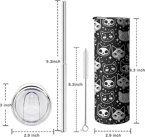 Miniatura 8 de Vaso delgado gótico de 20 onzas con tapa y pajita, estampado de calavera de gato, doble pared, con aislamiento de acero inoxidable, bebidas