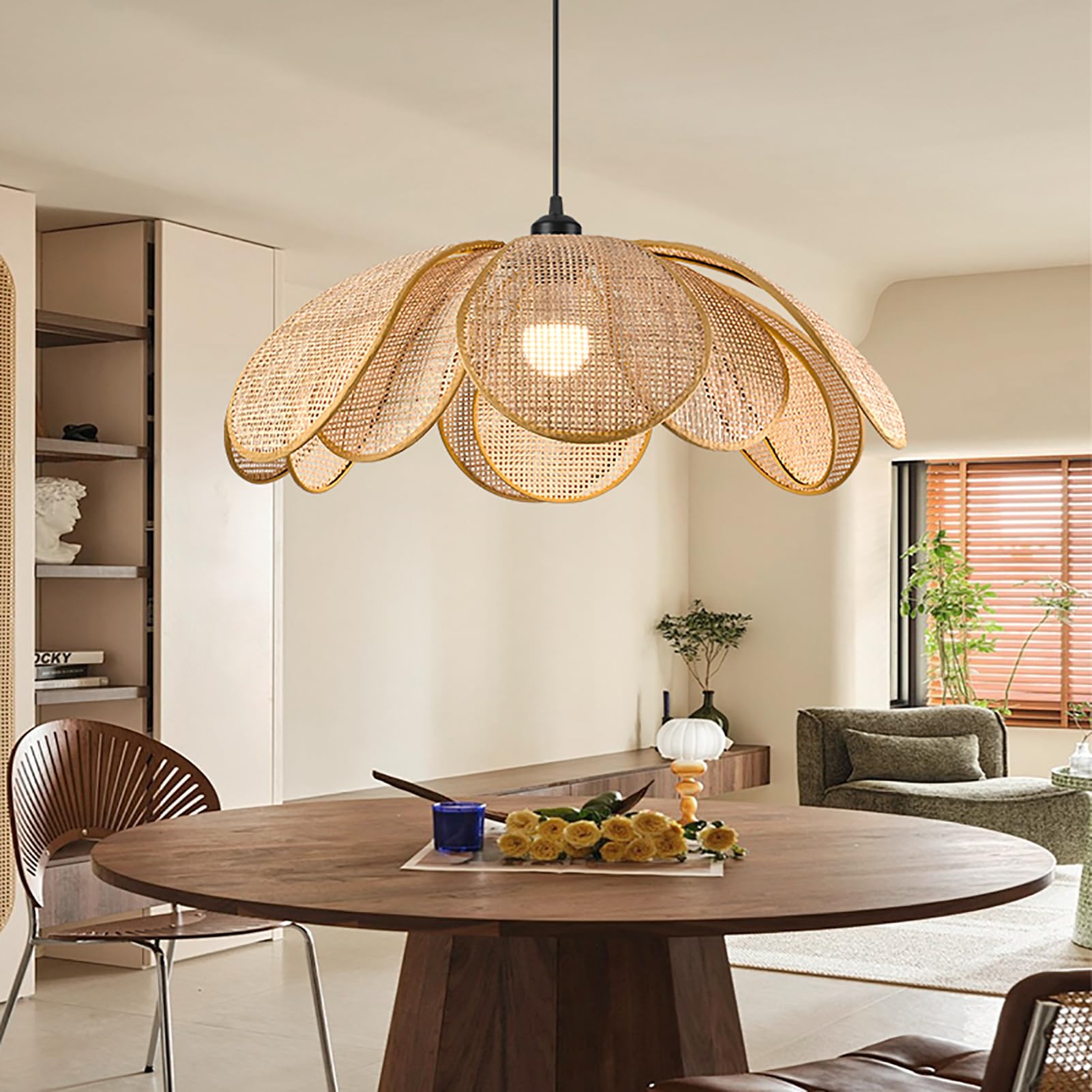 Suspension Boho Petal, Suspension en Rotin Tissé à La Main de Style Wabi-sabi, Lustres de Ferme pour îlot de Cuisine, Salle à Manger, Restaurant, Chambre à Coucher, D: 50cm/20inch