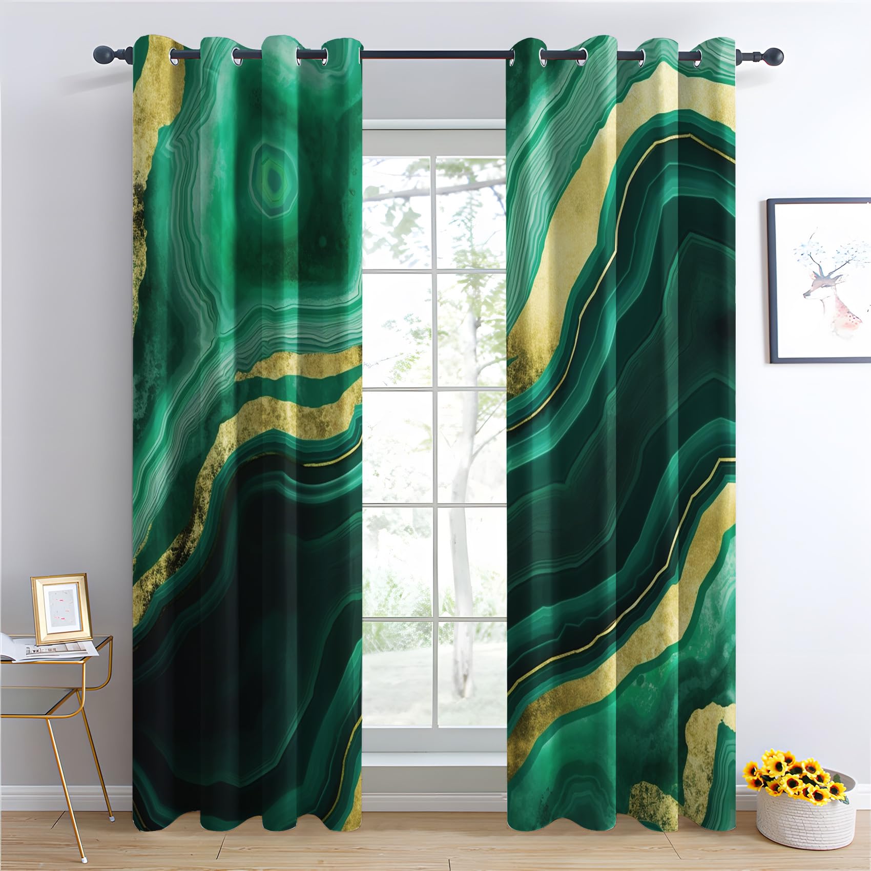 QEODAH Marble Curtains 213cm Drop, Emerald Green and Gold Abstract Agate Patterned Blackout Curtains for Bedroom, Living Room Decor, Soft Thermal Insulated Eyelet Drapes for Windows - 2 Panels