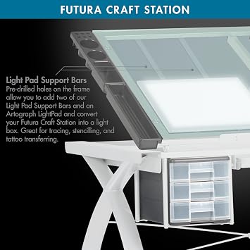 SD Studio Designs Futura Craft & Drawing Table with Adjustable Tempered Safety Glass Top Modern Art Desk with Storage Drawers, Pencil Ledge, Matte Ivory/Sea Green Glass