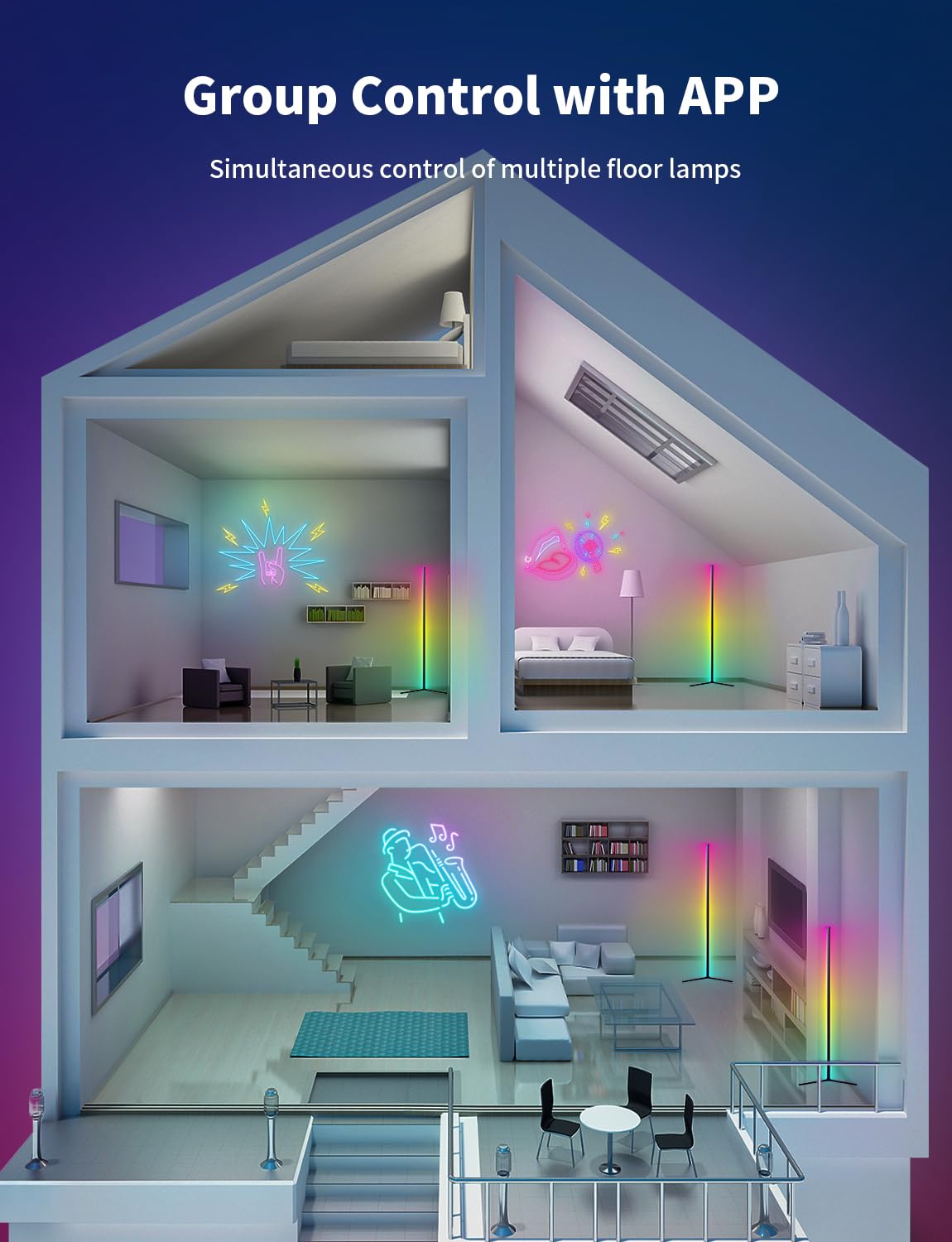 Lampa stojąca LED, 159 cm, RGB, ściemniana za pomocą pilota zdalnego i aplikacji, 16 milionów kolorów, synchronizacja muzyki i timer, DIY lampa stojąca LED (159cm Bluetooth)