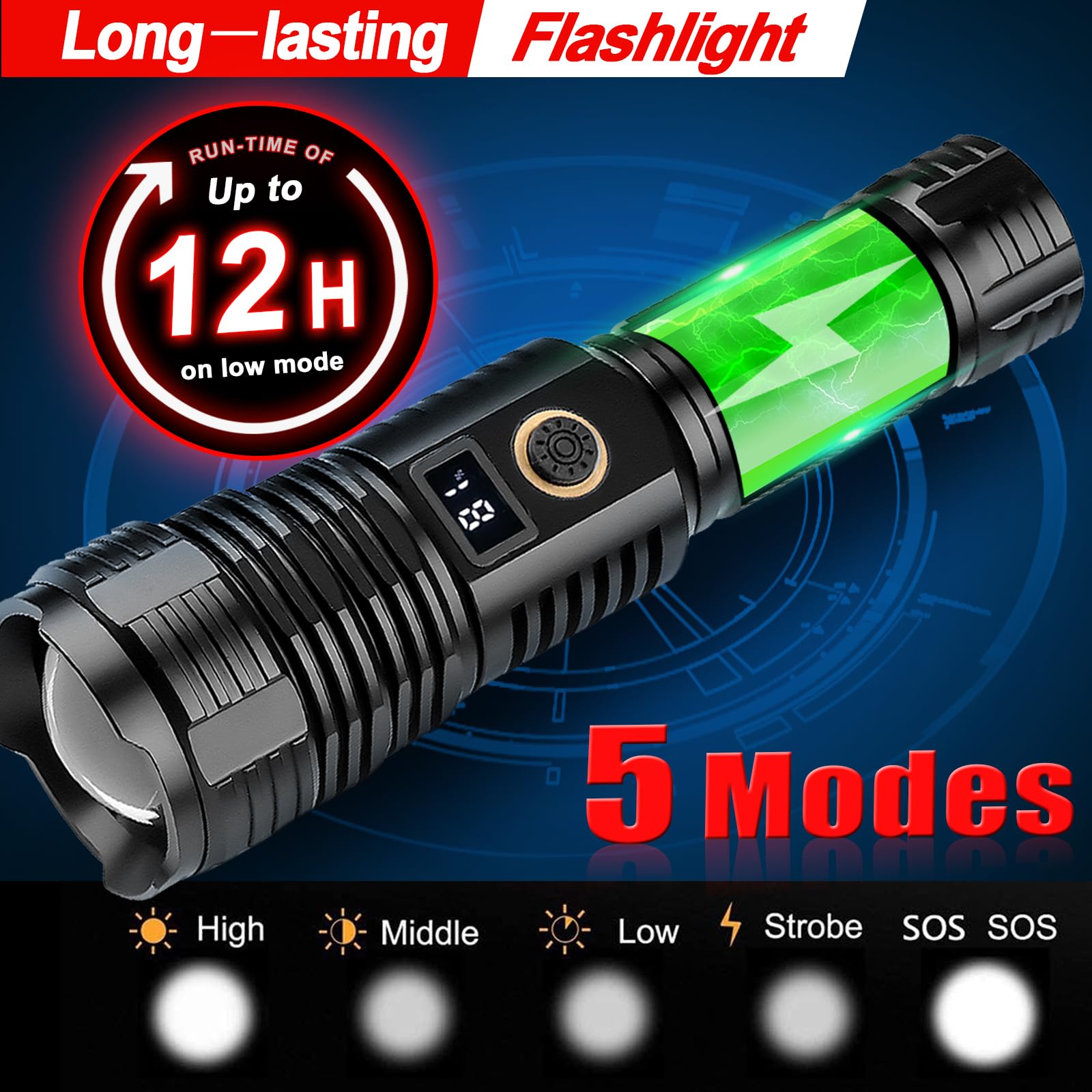 990,000 Lumen Rechargeable LED Flashlight – Super Bright Tactical Flashlight With LCD Display, 5 Modes, Zoomable, USB Power Bank, IP67, For Camping & Emergency
