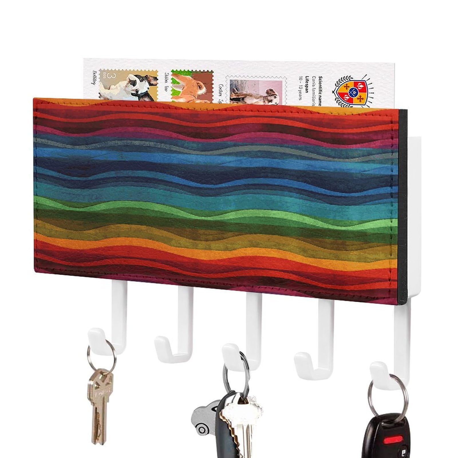 FekiLoot Rainbow Key Holder for Wall Decorative Mail Organizer with 5 Key Hook Self Adhesive Key Rack with Tray Coat Rack Wall Mount Key Hanger Decor for Entryway Door