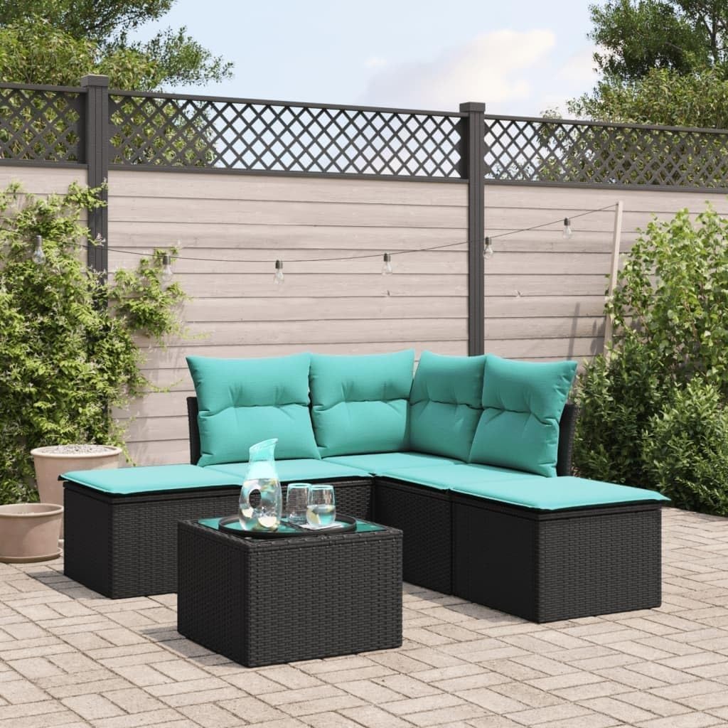 6 Piece Patio Furniture Set Outdoor with Cushions Black PE Rattan Modular Sofa Ottoman Glass Table Storage Bags Conversation Sets for Backyard Porch Garden