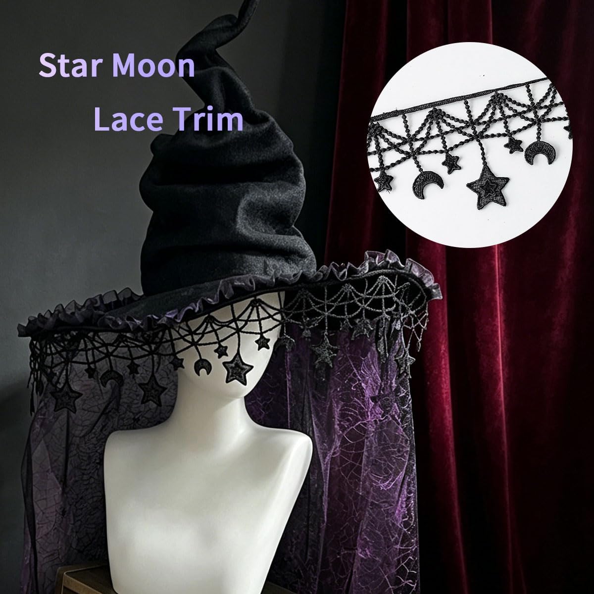 Black Lace Trim for Crafts, Gothic Vintage Embroidered Ribbons, for Halloween DIY Sewing Costume, Sewing Crafts, Party Decor, 3 Yard