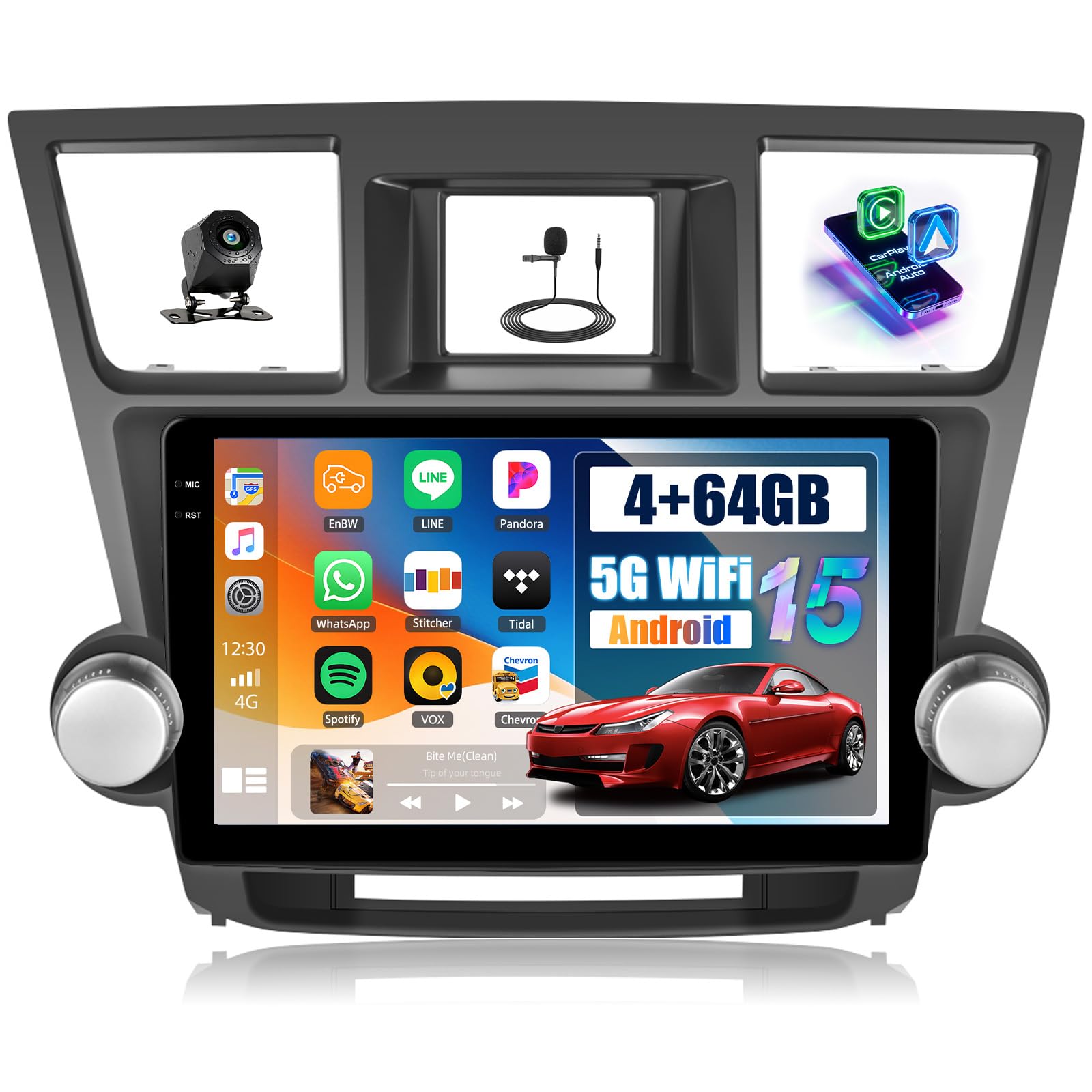 View 1 of [4G+64G] Car Radio for Toyota Highlander 2008-2013 with Wireless CarPlay Android Auto,10.1” Touchscreen Android 15 Car Stereo with Mirror Link 5GWiFi GPS,Bluetooth,FM/RDS SWC EQ+Backup Camera