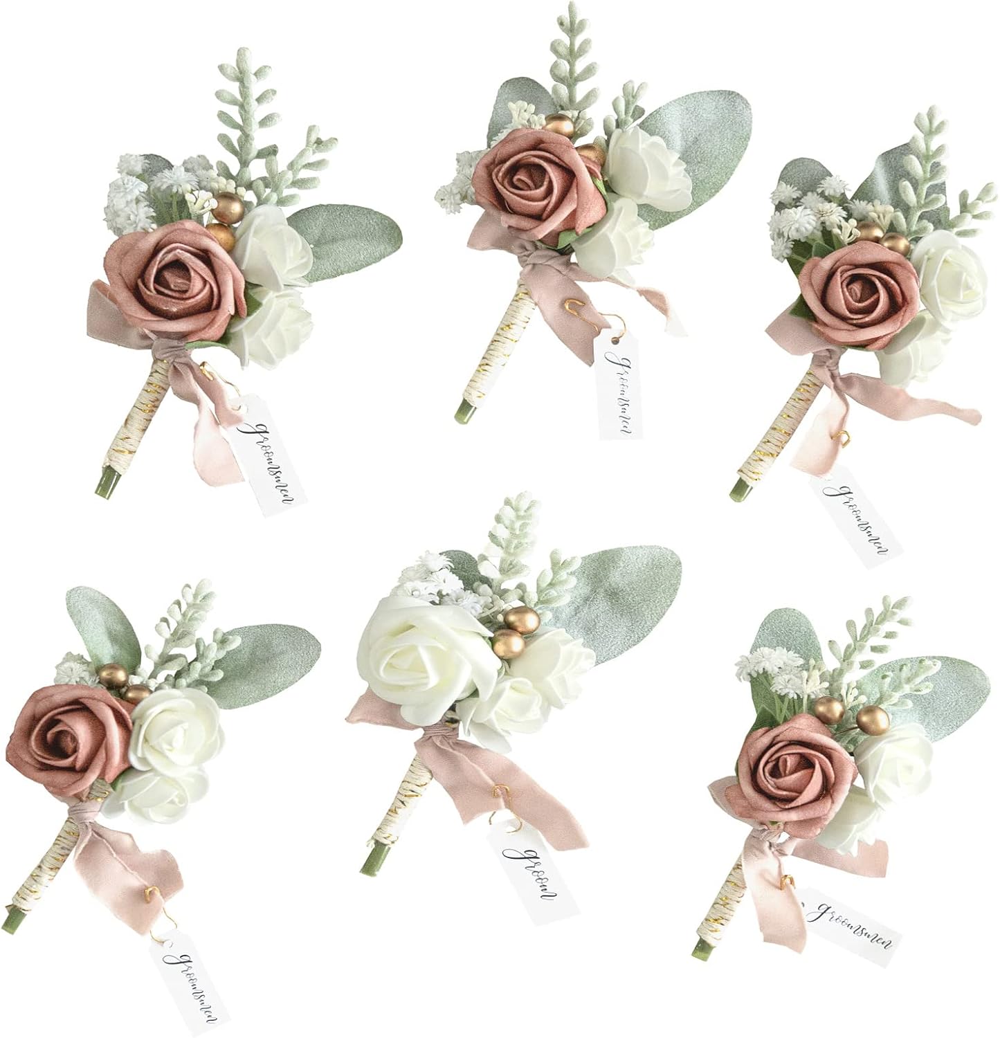 Lookein Dusty Rose Wedding Boutonniere for Men Set of 6 Artificial Rose Boutonniere for Wedding Groom Lapel Groomsmen Boutonniere for Wedding Ceremony Anniversary Formal Dinner Party