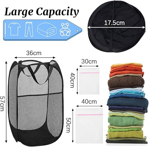 Miniatura 2 de 4 cestas plegables de malla para ropa sucia, cesta plegable con asas de transporte, cesta portátil para ropa sucia con 4 bolsas de lavado, cesta de