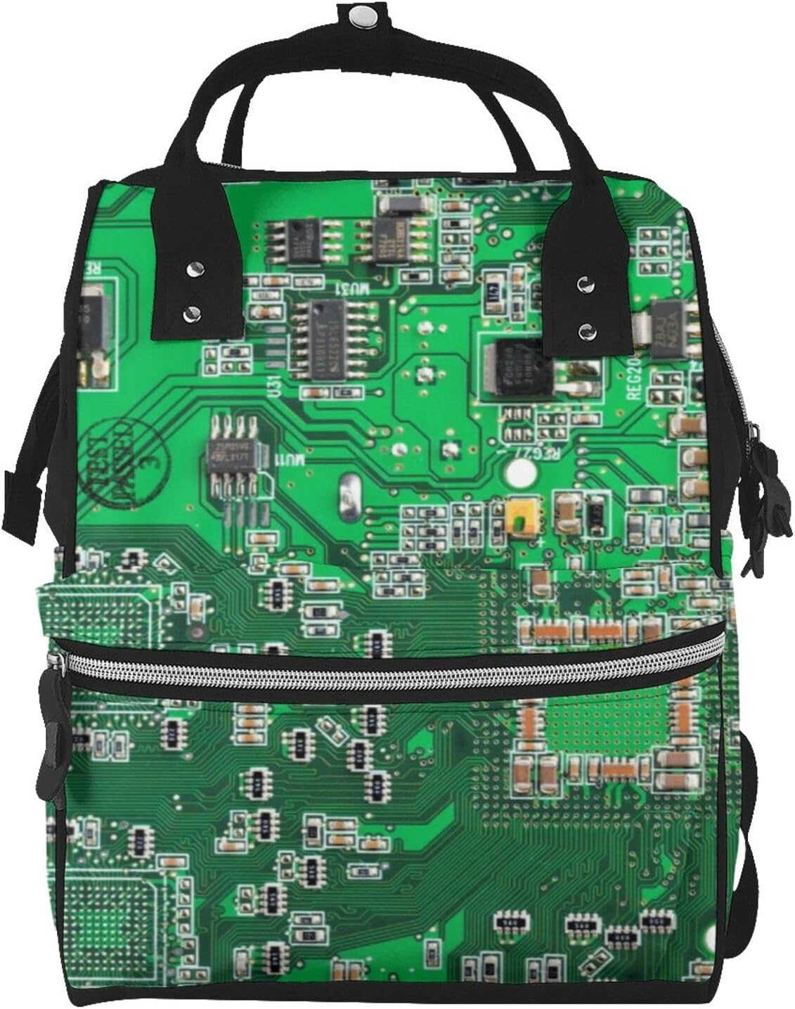 Green PCB Circuit Board Diaper Bag Backpack for Women, Large Capacity Waterproof Travel Bag with Stroller Straps