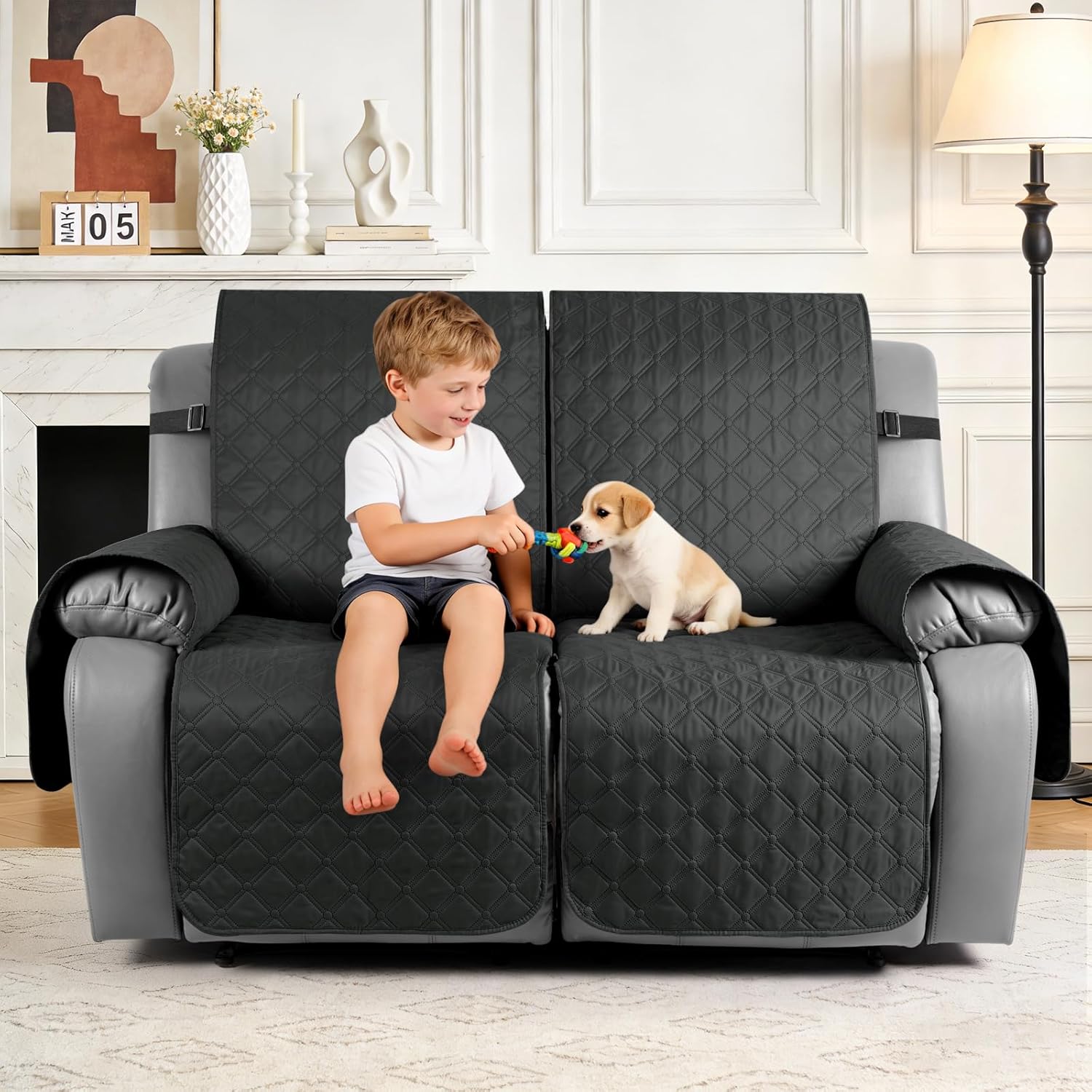 TAOCOCO 100% Waterproof Recliner Covers, Recliner Sofa Covers with Leg Straps, Reversible Recliner Couch Cover for Reclining Chair, Washable Couch Protector for Pets Kids(2 Seater, Charcoal Gray)