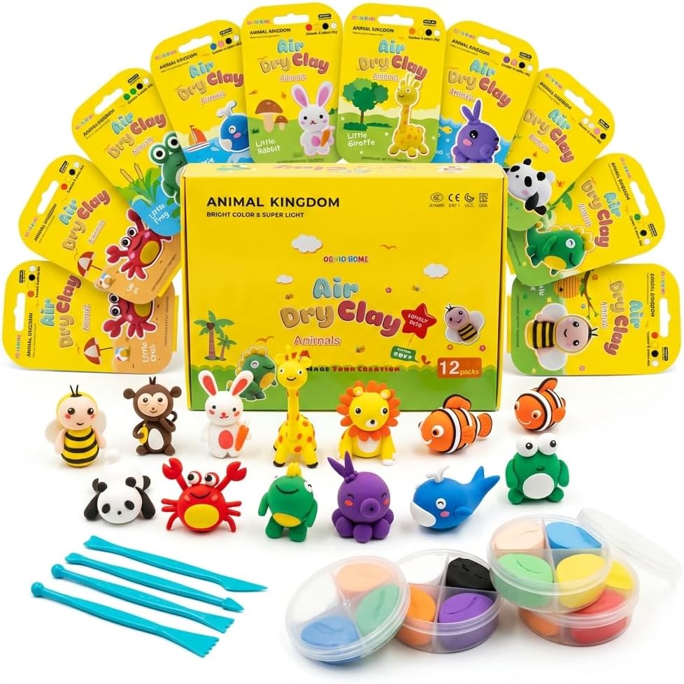 Air Dry Clay for Kids - 12 Animal Designs Modeling Clay Kit - Model Sculpting Set, Ultra Soft Safe & Non-Sticky | DIY Crafts, School Projects & Party Favors for Boys & Girls