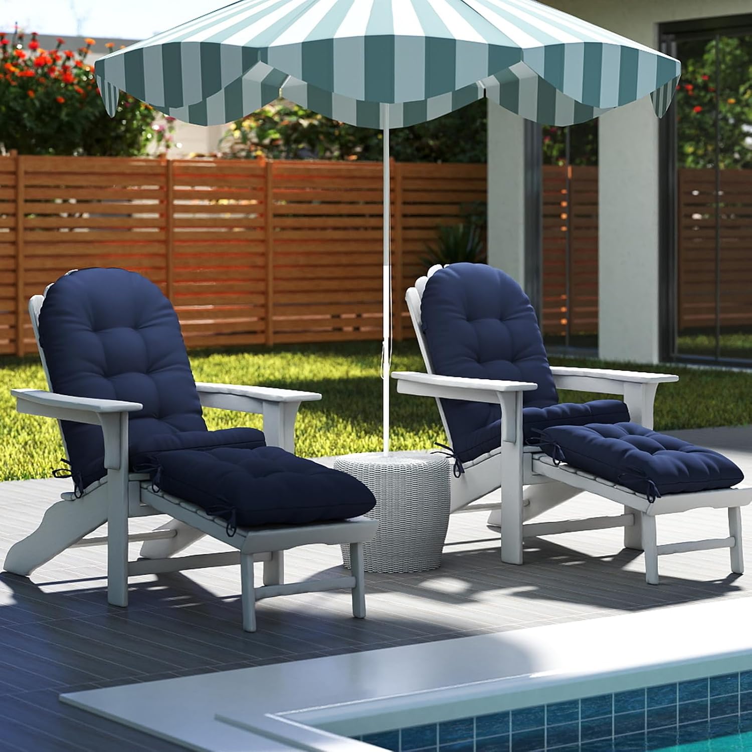 Outdoor Adirondack Chair Cushion, 50x21x4 Inch Waterproof Rocking Chair and 21x23 Ottoman Cushions, High Back Soft Seat Pad with Ties for Patio Furniture Garden, Dark Blue