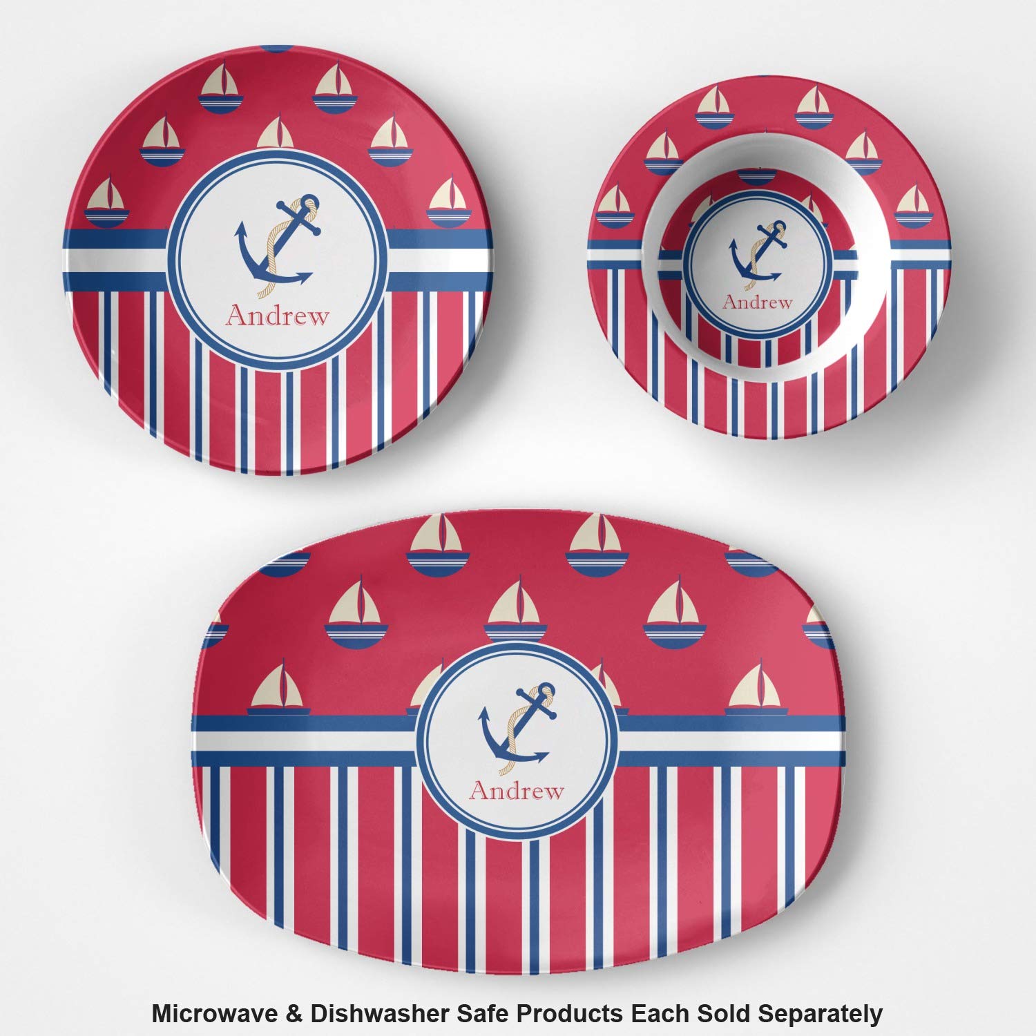 Personalized Sail Boats & Stripes Plastic Bowl - Microwave Safe - Composite Polymer