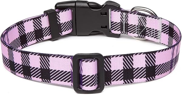 Adjustable Nylon Dog Collar with Patterns, Soft Comfy Pet Collar for Small Medium Large Dogs (S, Purple Plaid) - 2