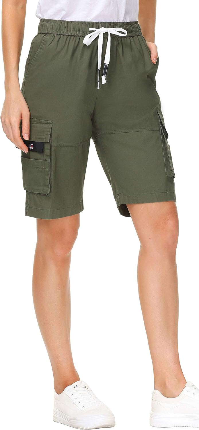 HOW'ON Women's Casual Loose Fit Twill Bermuda Cargo Shorts Multi Pocket Straight Shorts - Image 3
