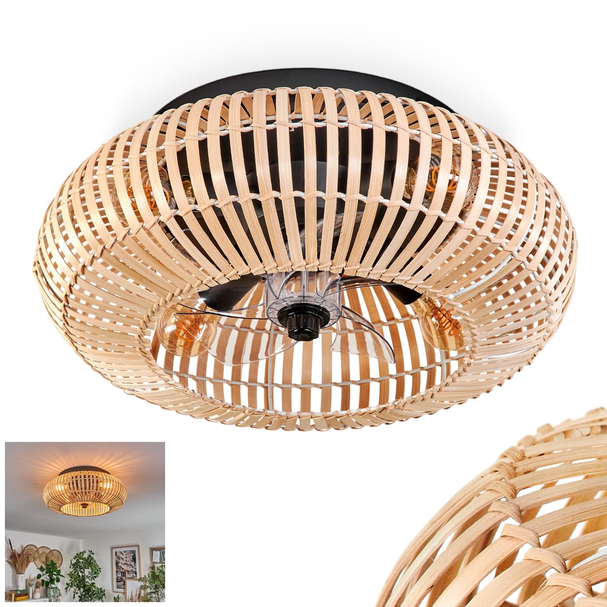 Mulstrand Ceiling Fan, Fan Made of Metal/Bamboo in Black/Natural with Remote Control, up/Down Function and Light Effect on the Ceiling, Ceiling Light 4-Flame Ø 50 cm, 4X E27, Without Bulbs